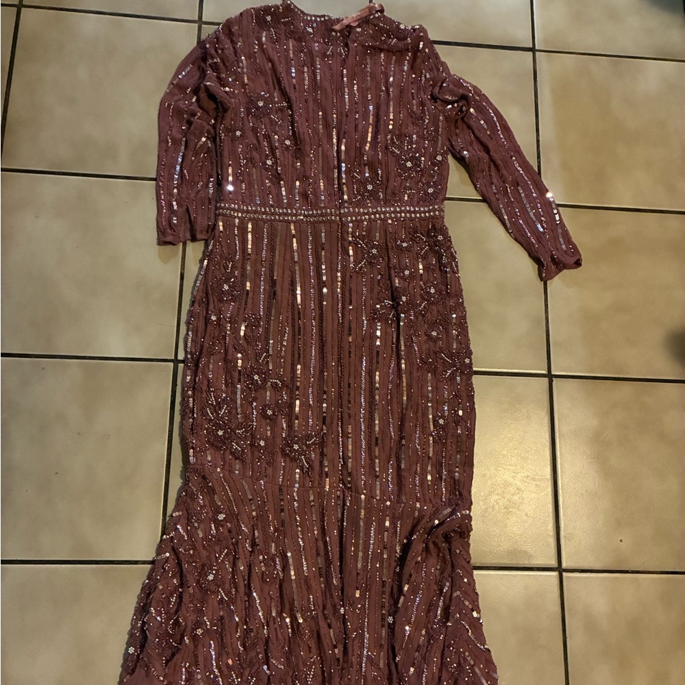 NWT Mac Duggal Long Sleeve Sequined Dark Pink Evening Gown
